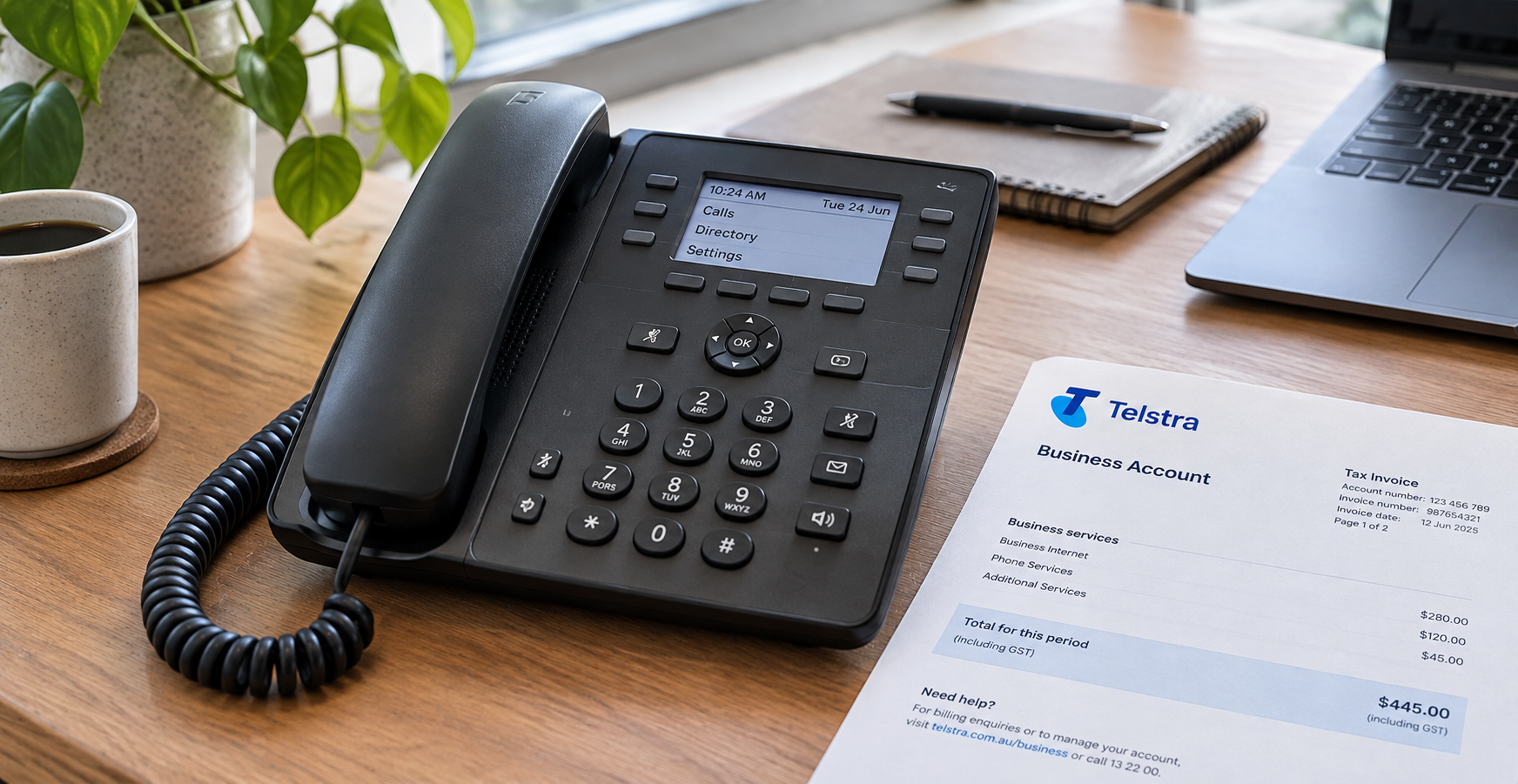 Business desk phone beside a Telstra bill on an office desk, with a laptop and notebook in the background.